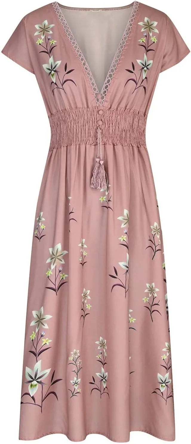 Women's Dresses Trendy V Neck Floral Print Boho Maxi Dress Elastic Waist Tassels Sleeveless Beach Flowing Slit Dress
