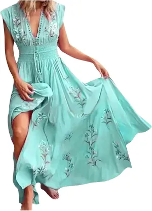 Women's Dresses Trendy V Neck Floral Print Boho Maxi Dress Elastic Waist Tassels Sleeveless Beach Flowing Slit Dress