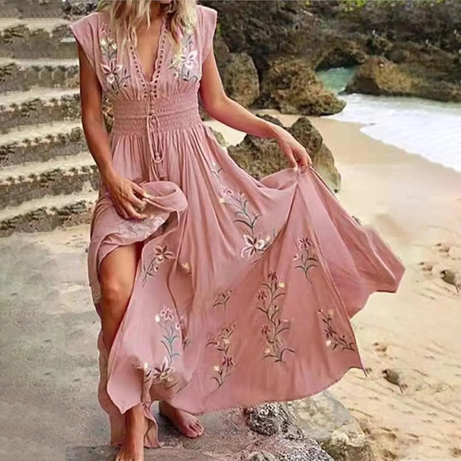 Women's Dresses Trendy V Neck Floral Print Boho Maxi Dress Elastic Waist Tassels Sleeveless Beach Flowing Slit Dress