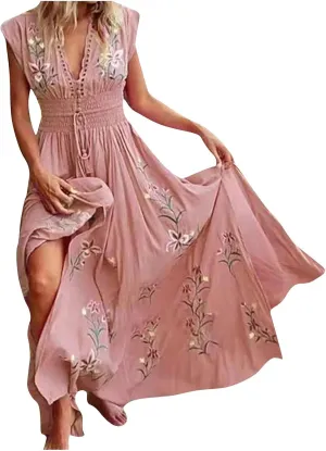 Women's Dresses Trendy V Neck Floral Print Boho Maxi Dress Elastic Waist Tassels Sleeveless Beach Flowing Slit Dress