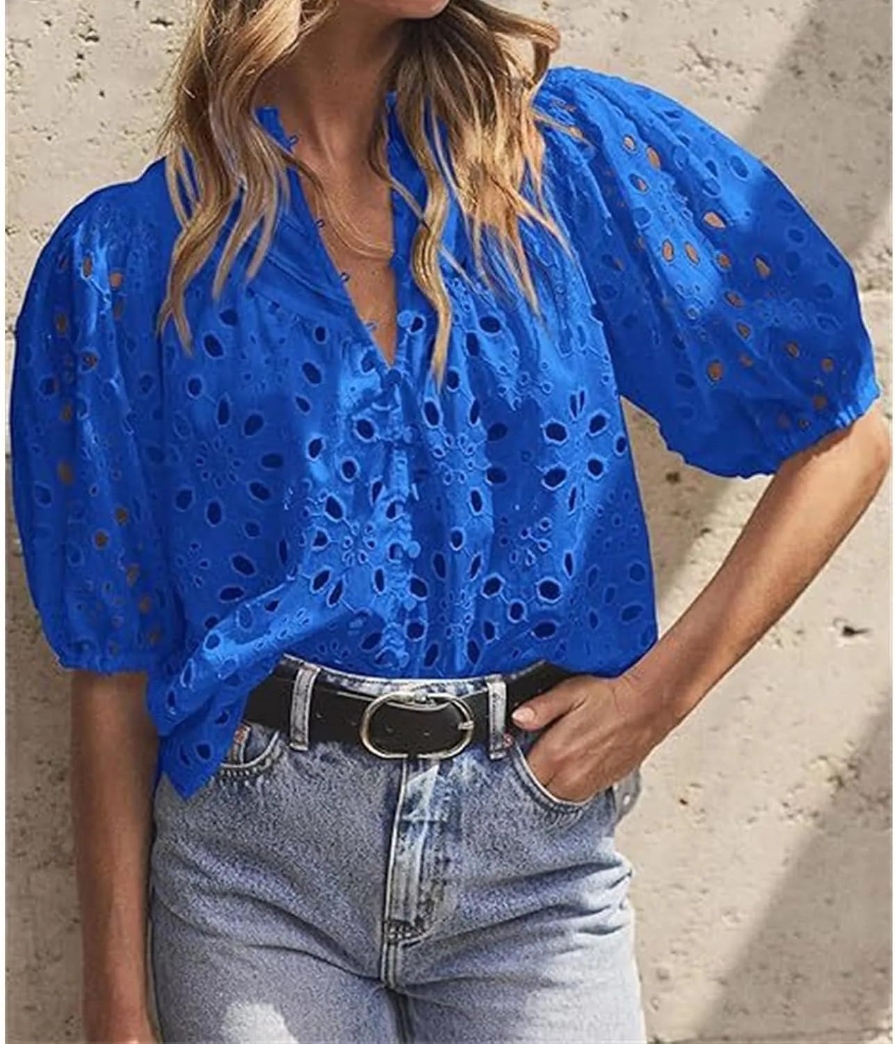 Women's Eyelet Tops Casual Puff Short Sleeve V Neck Tops Breathable Hollow Out Embroidered Shirts Button Down Shirts