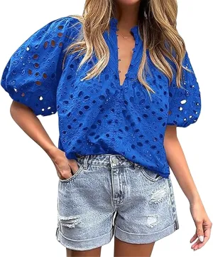 Women's Eyelet Tops Casual Puff Short Sleeve V Neck Tops Breathable Hollow Out Embroidered Shirts Button Down Shirts