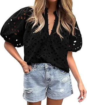 Women's Eyelet Tops Casual Puff Short Sleeve V Neck Tops Breathable Hollow Out Embroidered Shirts Button Down Shirts
