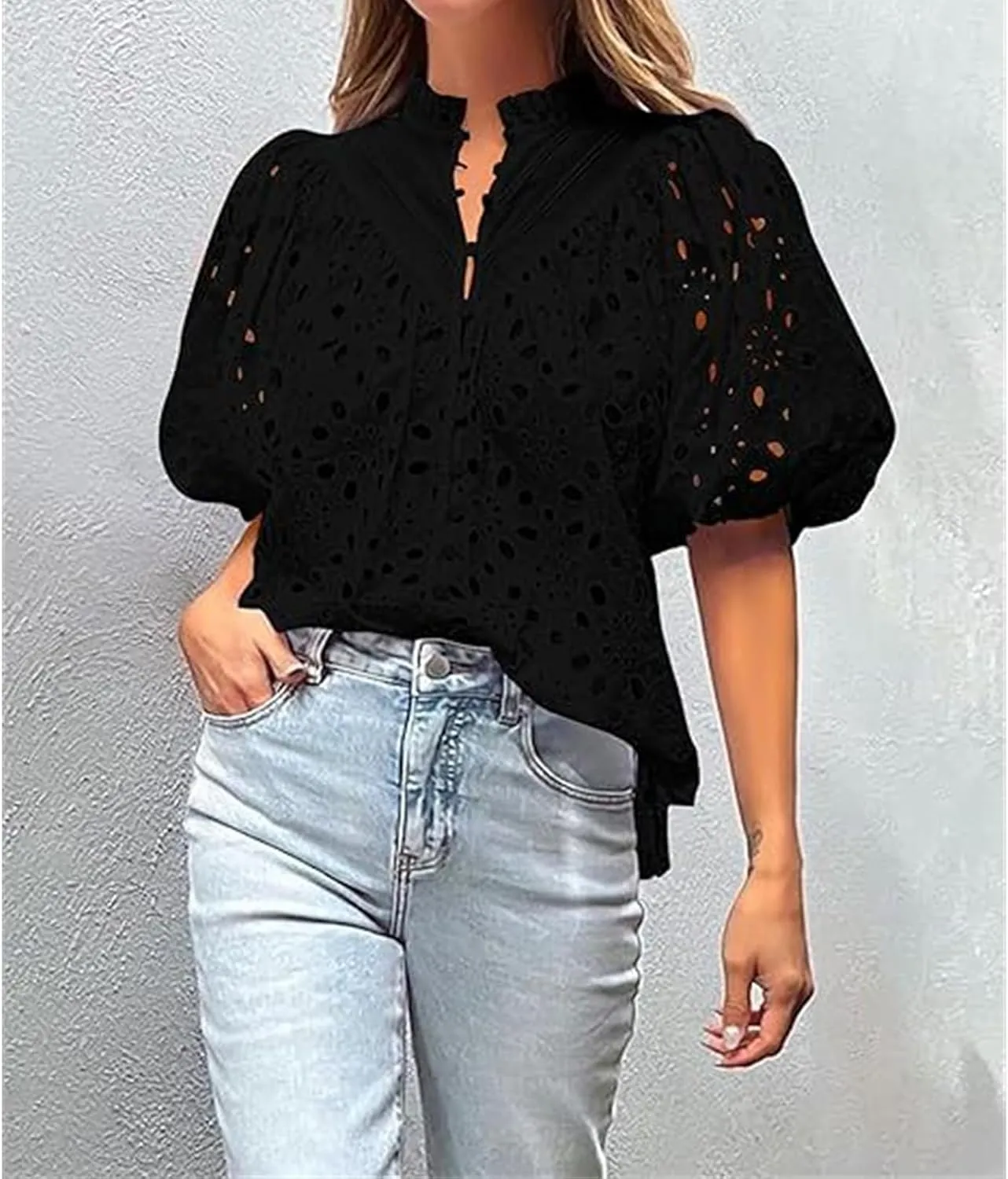 Women's Eyelet Tops Casual Puff Short Sleeve V Neck Tops Breathable Hollow Out Embroidered Shirts Button Down Shirts