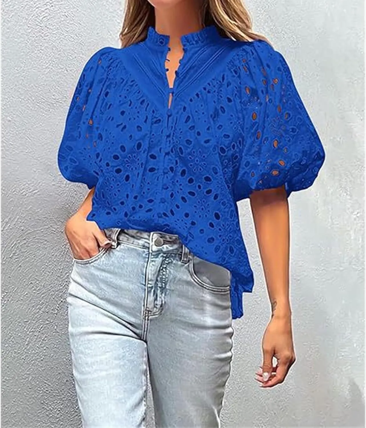 Women's Eyelet Tops Casual Puff Short Sleeve V Neck Tops Breathable Hollow Out Embroidered Shirts Button Down Shirts