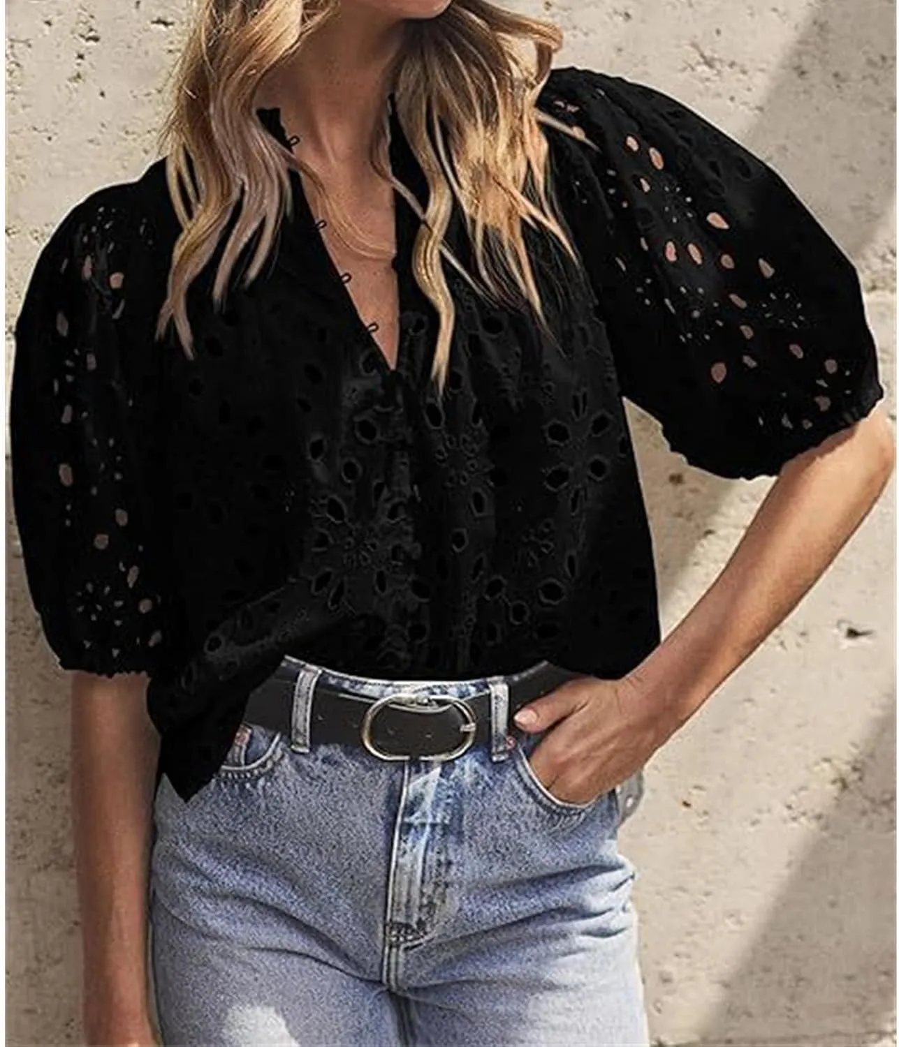 Women's Eyelet Tops Casual Puff Short Sleeve V Neck Tops Breathable Hollow Out Embroidered Shirts Button Down Shirts