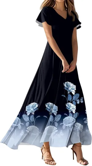 Womens Fashion V Neck Ruffle Short Sleeve Maxi Dress 2025 Summer Elegant Solid Color Flowy A Line Dresses