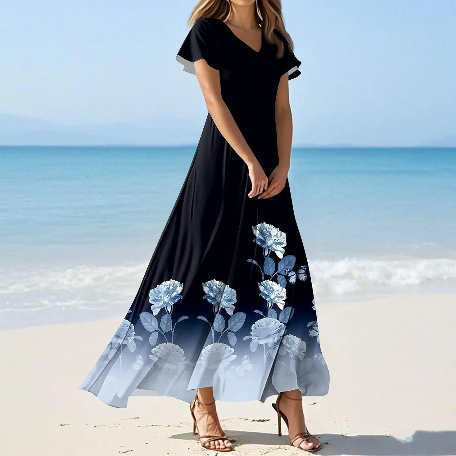 Womens Fashion V Neck Ruffle Short Sleeve Maxi Dress 2025 Summer Elegant Solid Color Flowy A Line Dresses