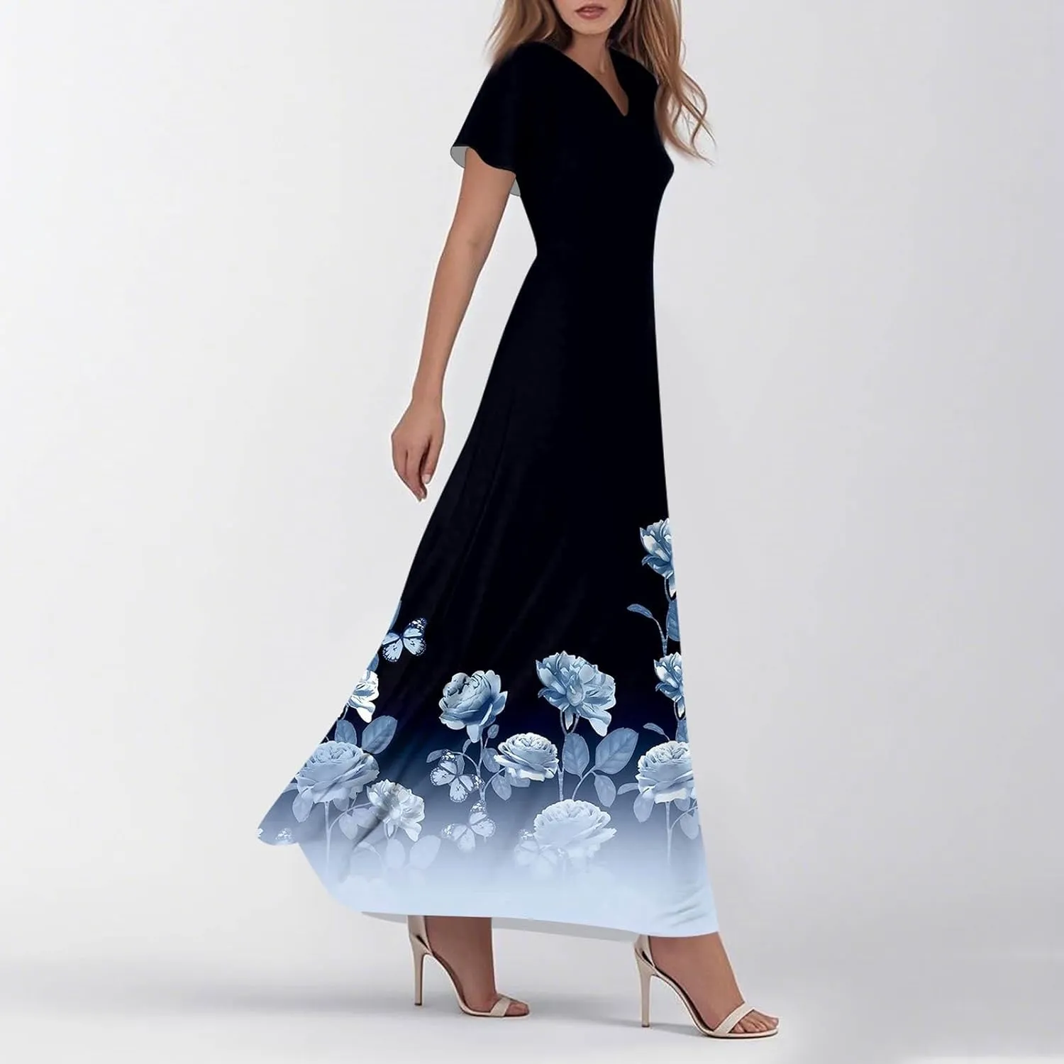 Womens Fashion V Neck Ruffle Short Sleeve Maxi Dress 2025 Summer Elegant Solid Color Flowy A Line Dresses