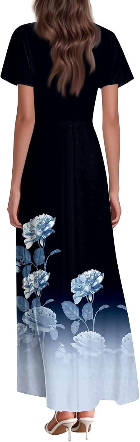 Womens Fashion V Neck Ruffle Short Sleeve Maxi Dress 2025 Summer Elegant Solid Color Flowy A Line Dresses