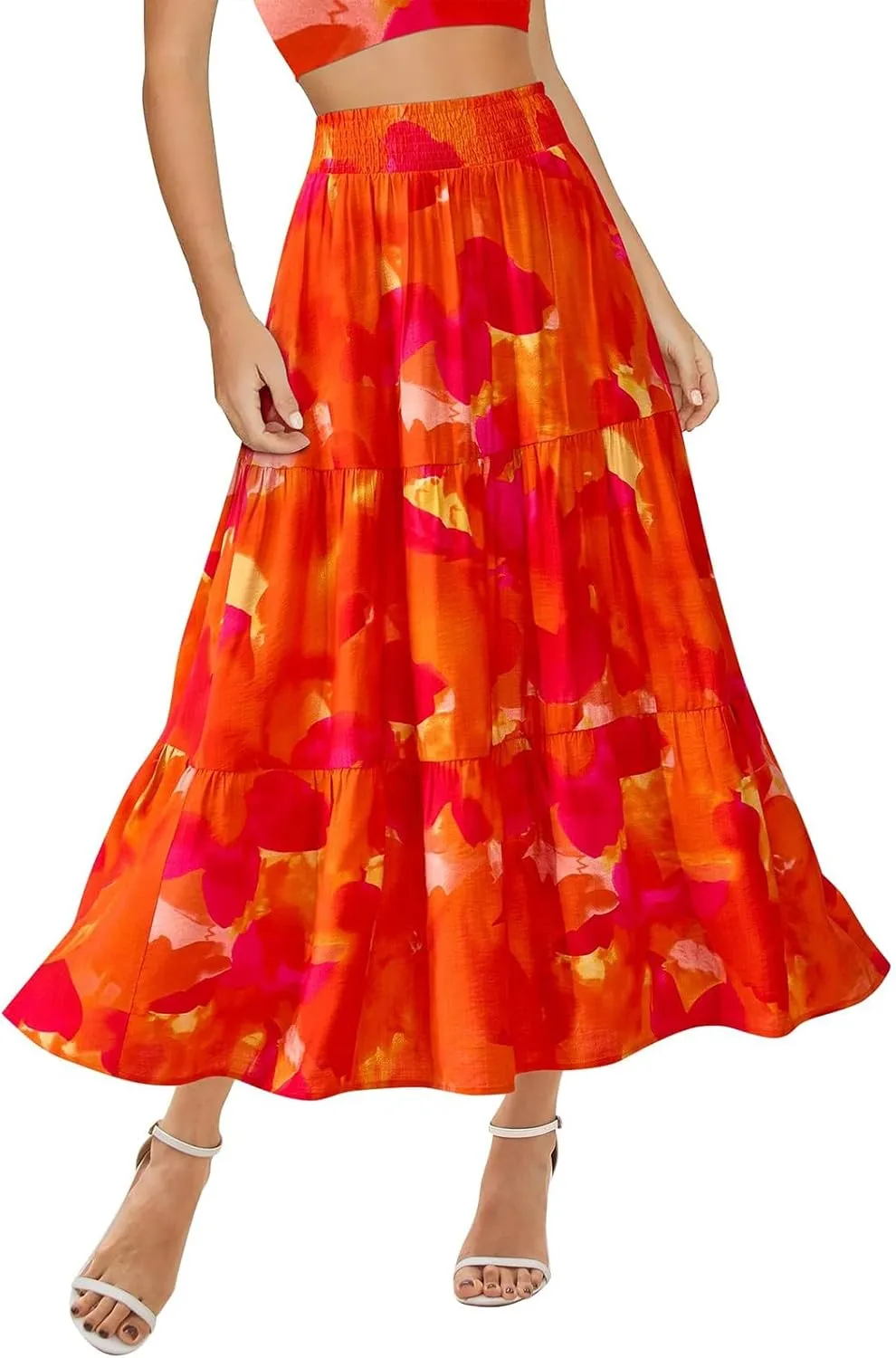 Women's Floral Print Midi Skirts 2025 Summer Aline Elastic High Waist Pleated Flowy Long Skirt Pockets Cute Skirts
