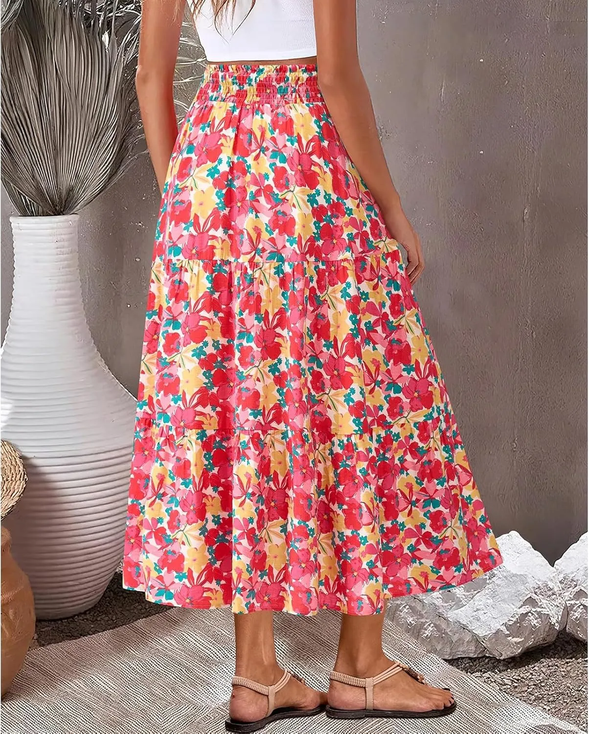 Women's Floral Print Midi Skirts 2025 Summer Aline Elastic High Waist Pleated Flowy Long Skirt Pockets Cute Skirts