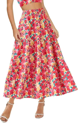 Women's Floral Print Midi Skirts 2025 Summer Aline Elastic High Waist Pleated Flowy Long Skirt Pockets Cute Skirts