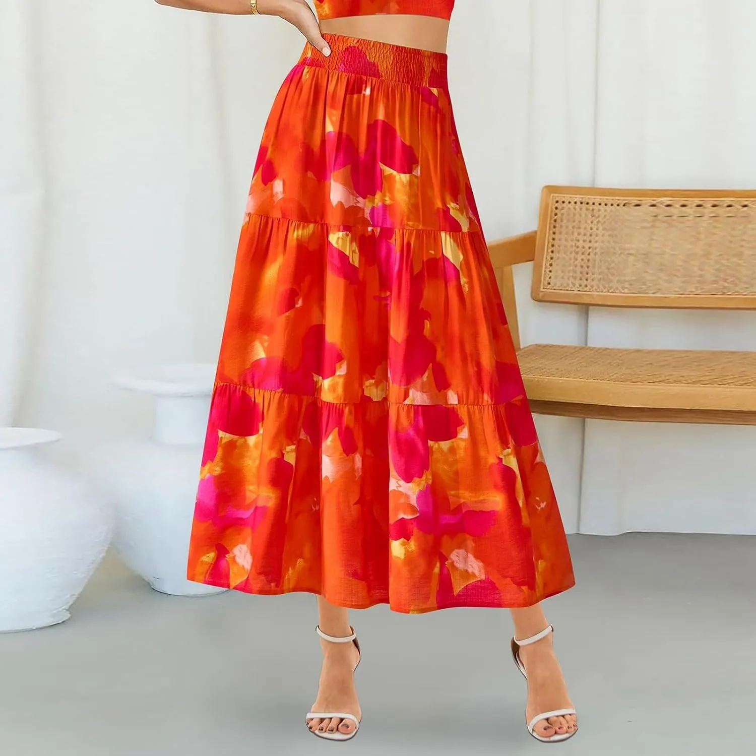 Women's Floral Print Midi Skirts 2025 Summer Aline Elastic High Waist Pleated Flowy Long Skirt Pockets Cute Skirts