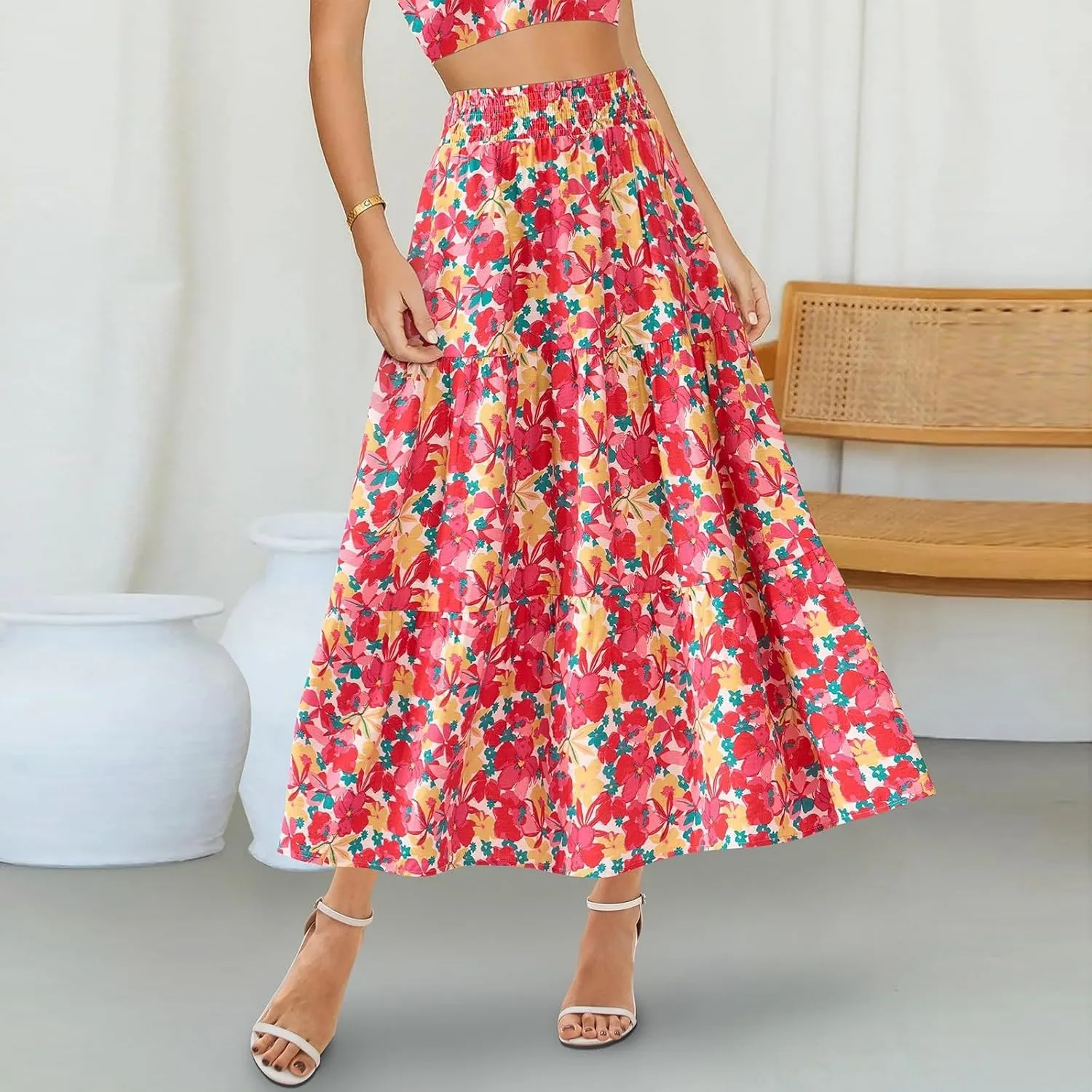 Women's Floral Print Midi Skirts 2025 Summer Aline Elastic High Waist Pleated Flowy Long Skirt Pockets Cute Skirts