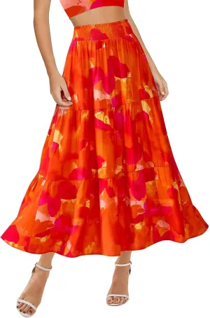Women's Floral Print Midi Skirts 2025 Summer Aline Elastic High Waist Pleated Flowy Long Skirt Pockets Cute Skirts