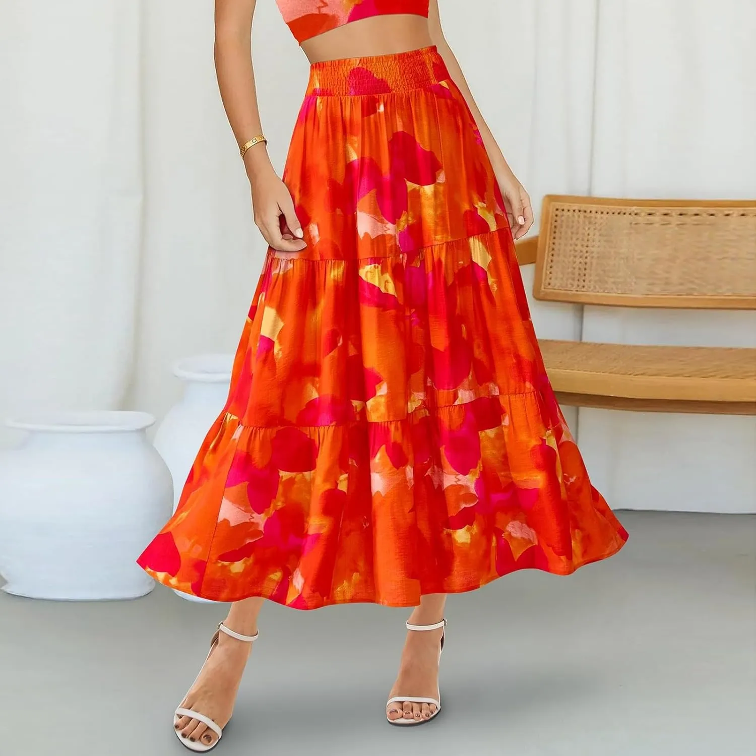 Women's Floral Print Midi Skirts 2025 Summer Aline Elastic High Waist Pleated Flowy Long Skirt Pockets Cute Skirts