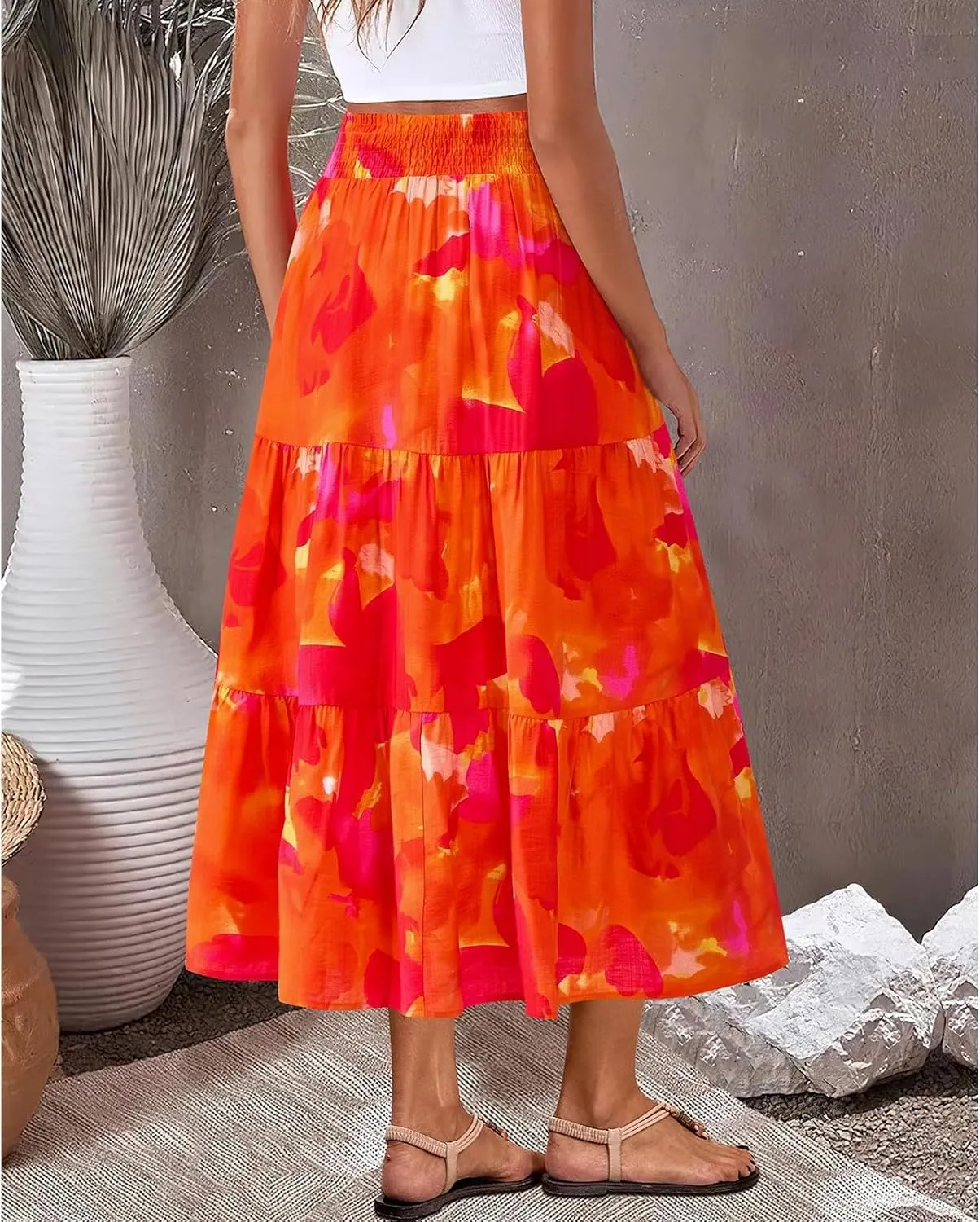 Women's Floral Print Midi Skirts 2025 Summer Aline Elastic High Waist Pleated Flowy Long Skirt Pockets Cute Skirts