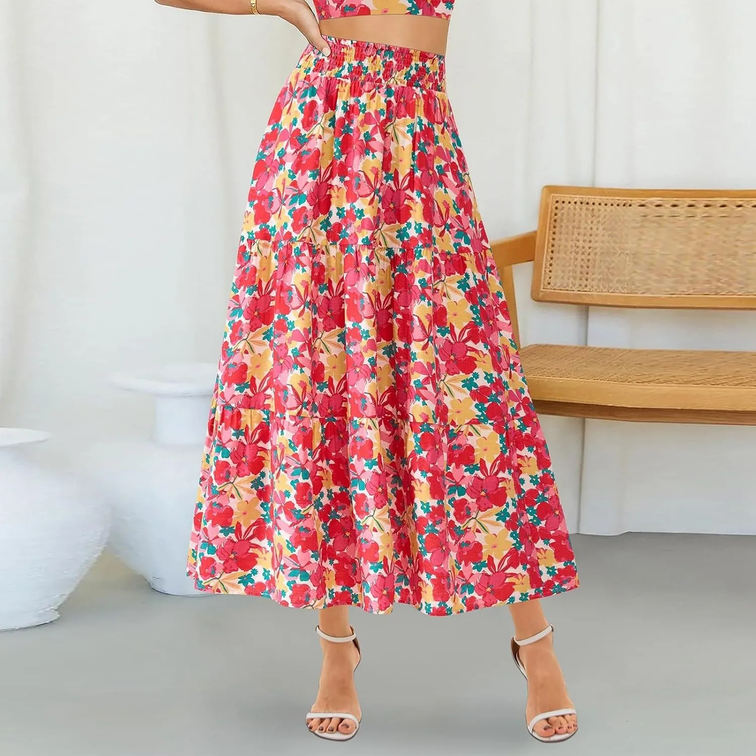 Women's Floral Print Midi Skirts 2025 Summer Aline Elastic High Waist Pleated Flowy Long Skirt Pockets Cute Skirts