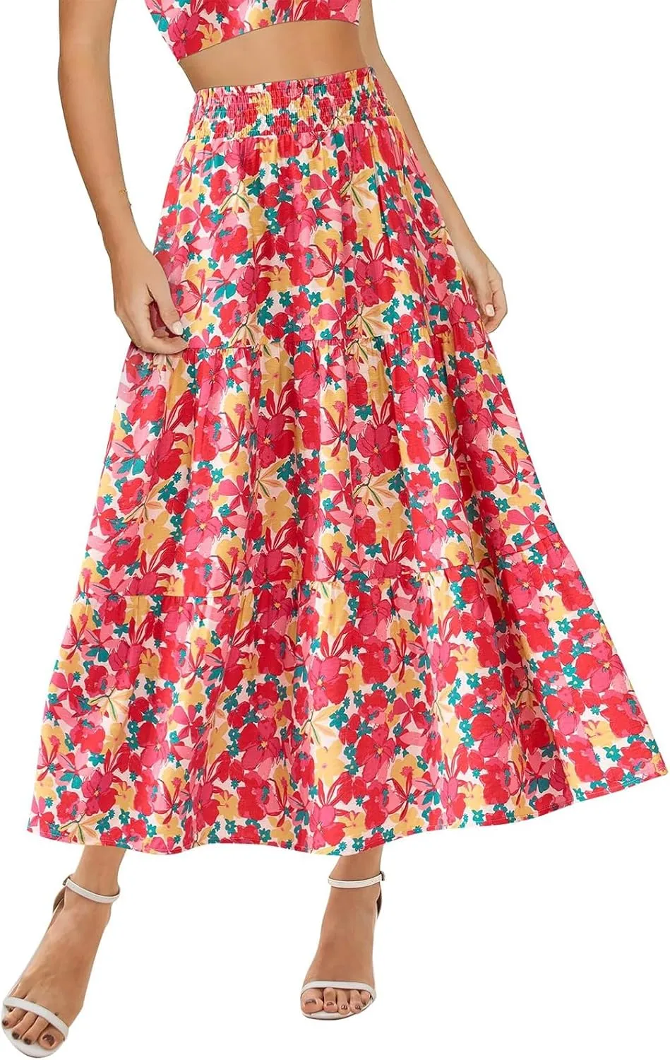 Women's Floral Print Midi Skirts 2025 Summer Aline Elastic High Waist Pleated Flowy Long Skirt Pockets Cute Skirts
