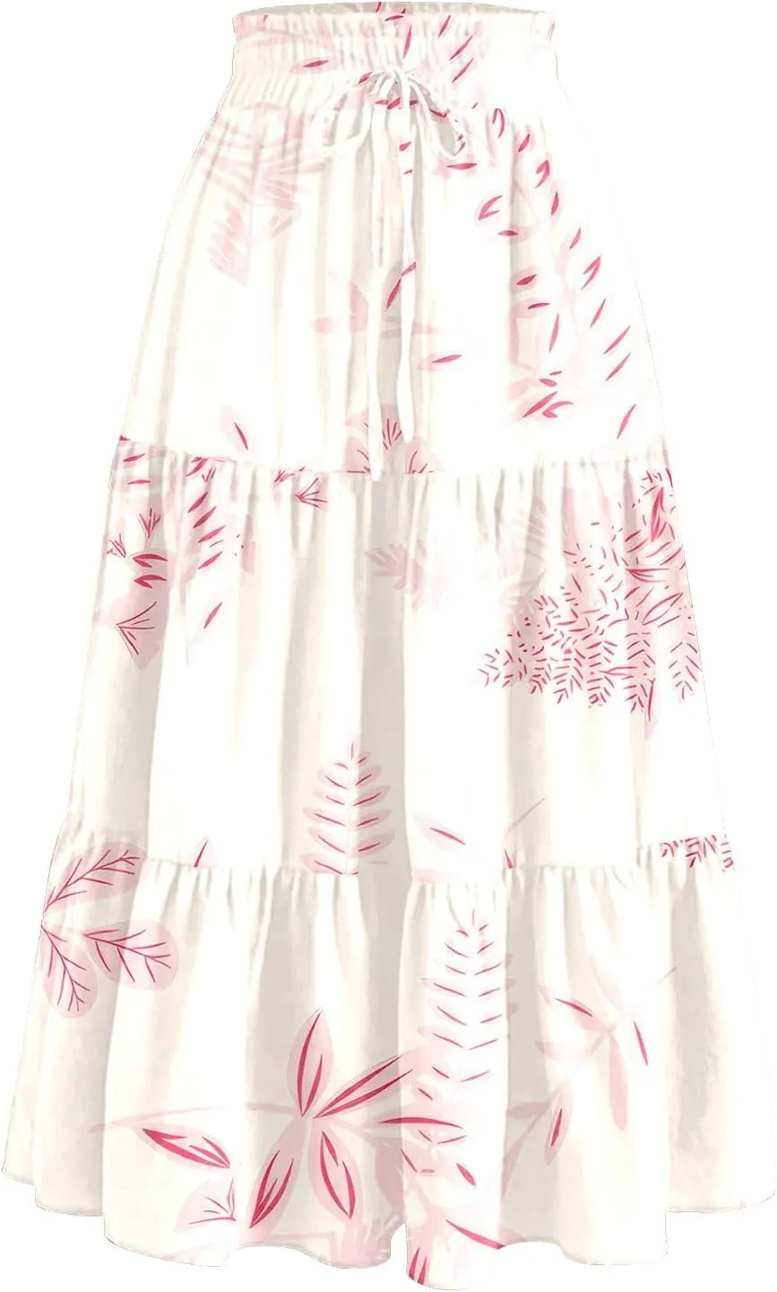 Women's Flowy Midi Skirt Pleated High Stretch Waisted Casual Boho Long Skirts with Pockets, S-2XL