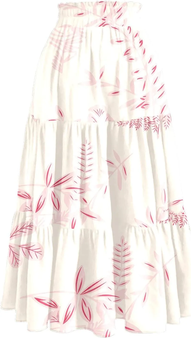 Women's Flowy Midi Skirt Pleated High Stretch Waisted Casual Boho Long Skirts with Pockets, S-2XL
