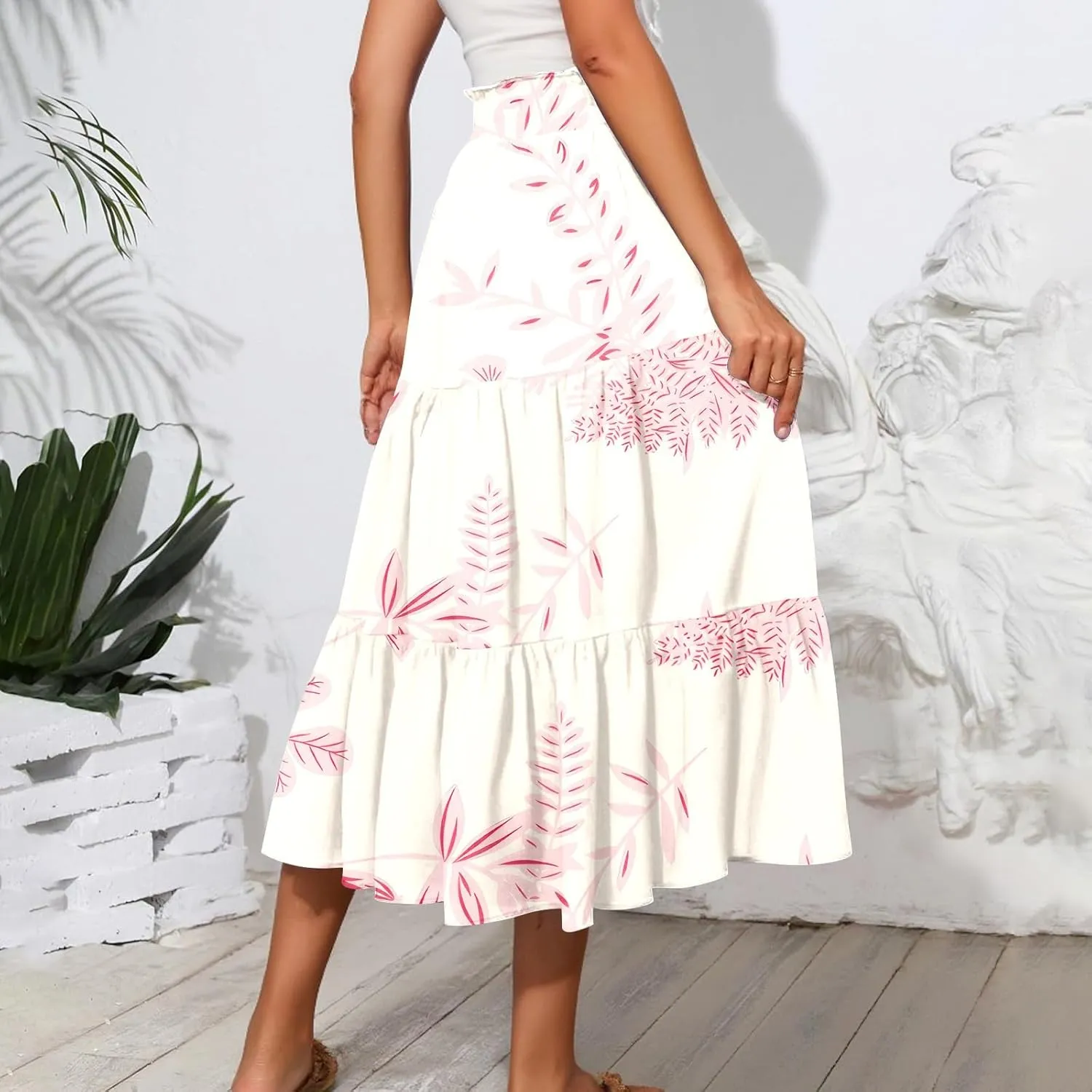 Women's Flowy Midi Skirt Pleated High Stretch Waisted Casual Boho Long Skirts with Pockets, S-2XL