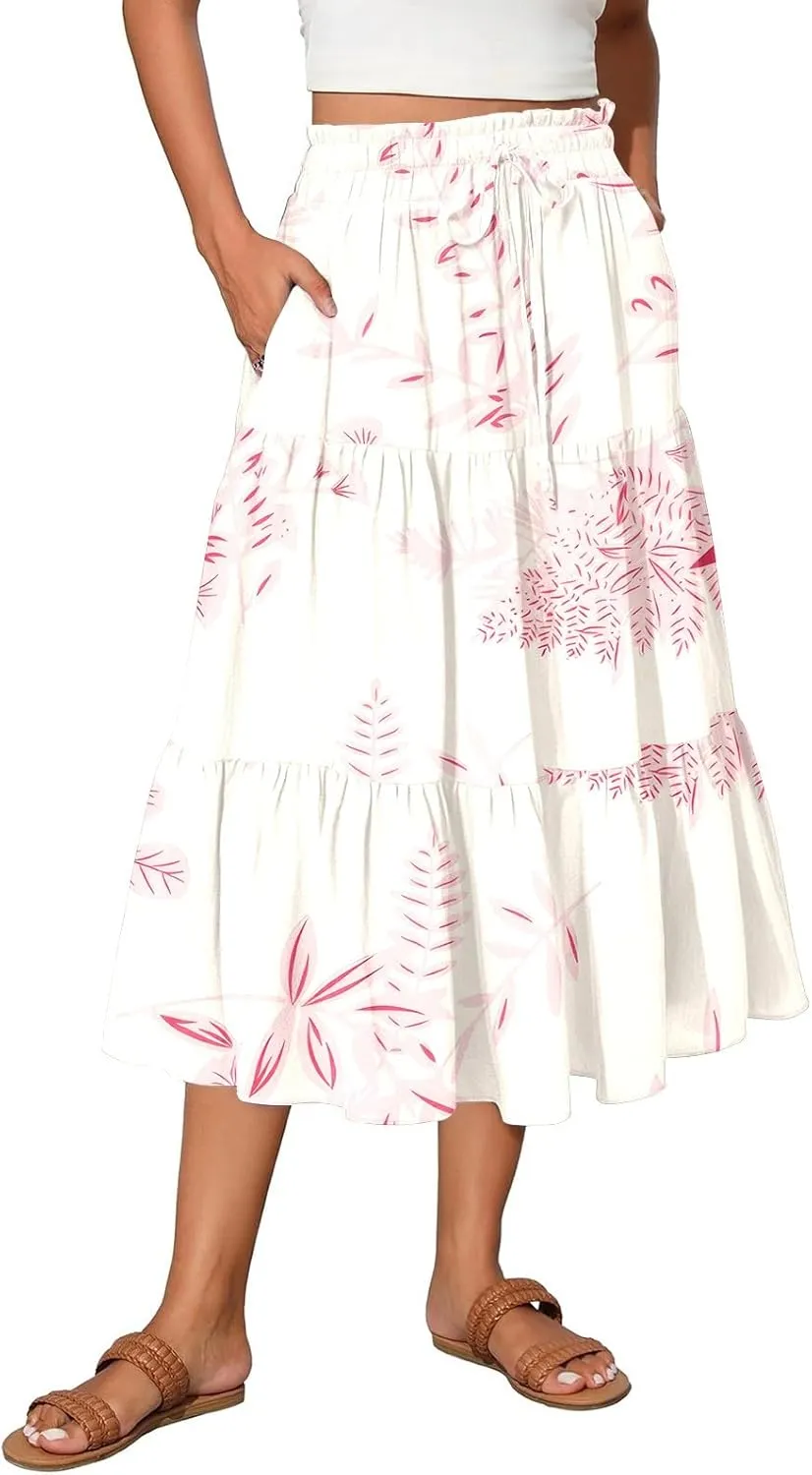 Women's Flowy Midi Skirt Pleated High Stretch Waisted Casual Boho Long Skirts with Pockets, S-2XL