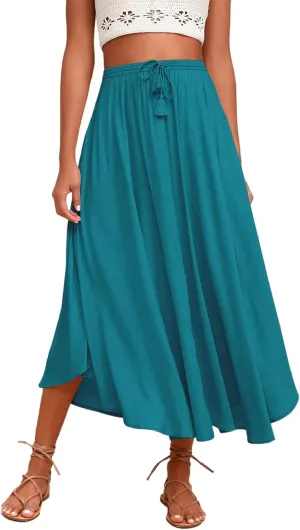 Womens Flowy Pleated Skirts Summer Casual Elastic High Waisted Skirt Trendy Boho Flared A Line Maxi Skirts 2025
