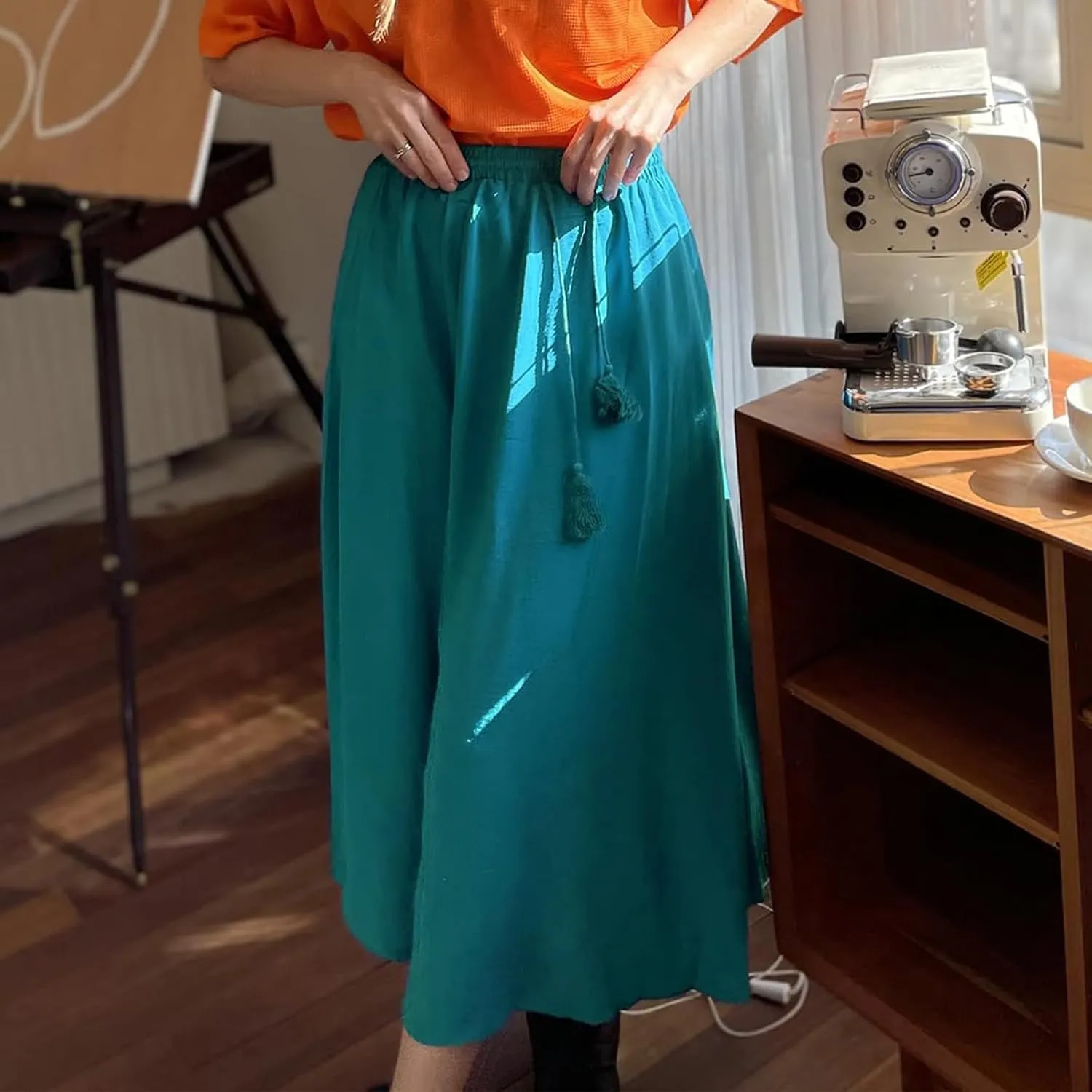 Womens Flowy Pleated Skirts Summer Casual Elastic High Waisted Skirt Trendy Boho Flared A Line Maxi Skirts 2025
