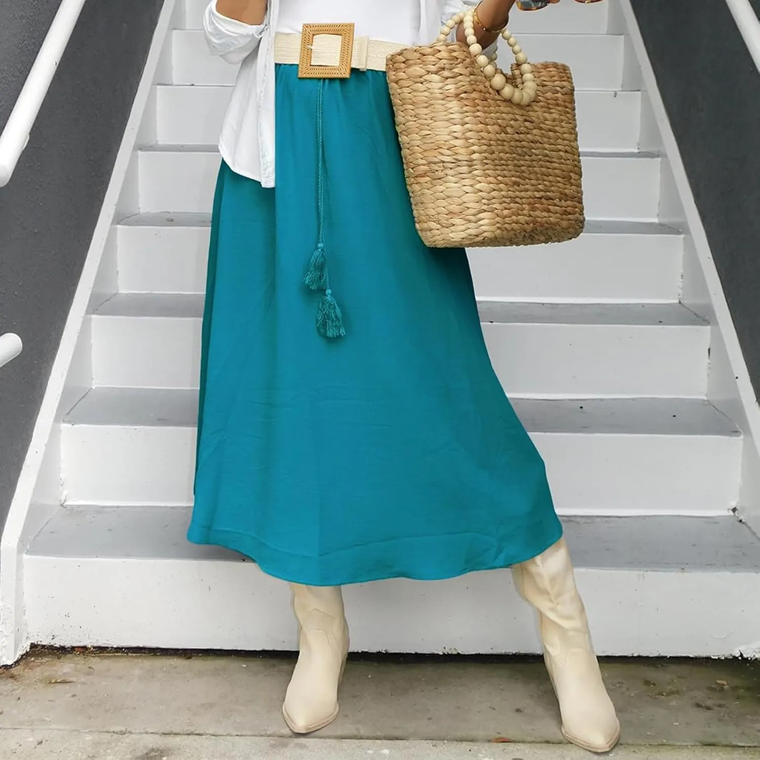 Womens Flowy Pleated Skirts Summer Casual Elastic High Waisted Skirt Trendy Boho Flared A Line Maxi Skirts 2025
