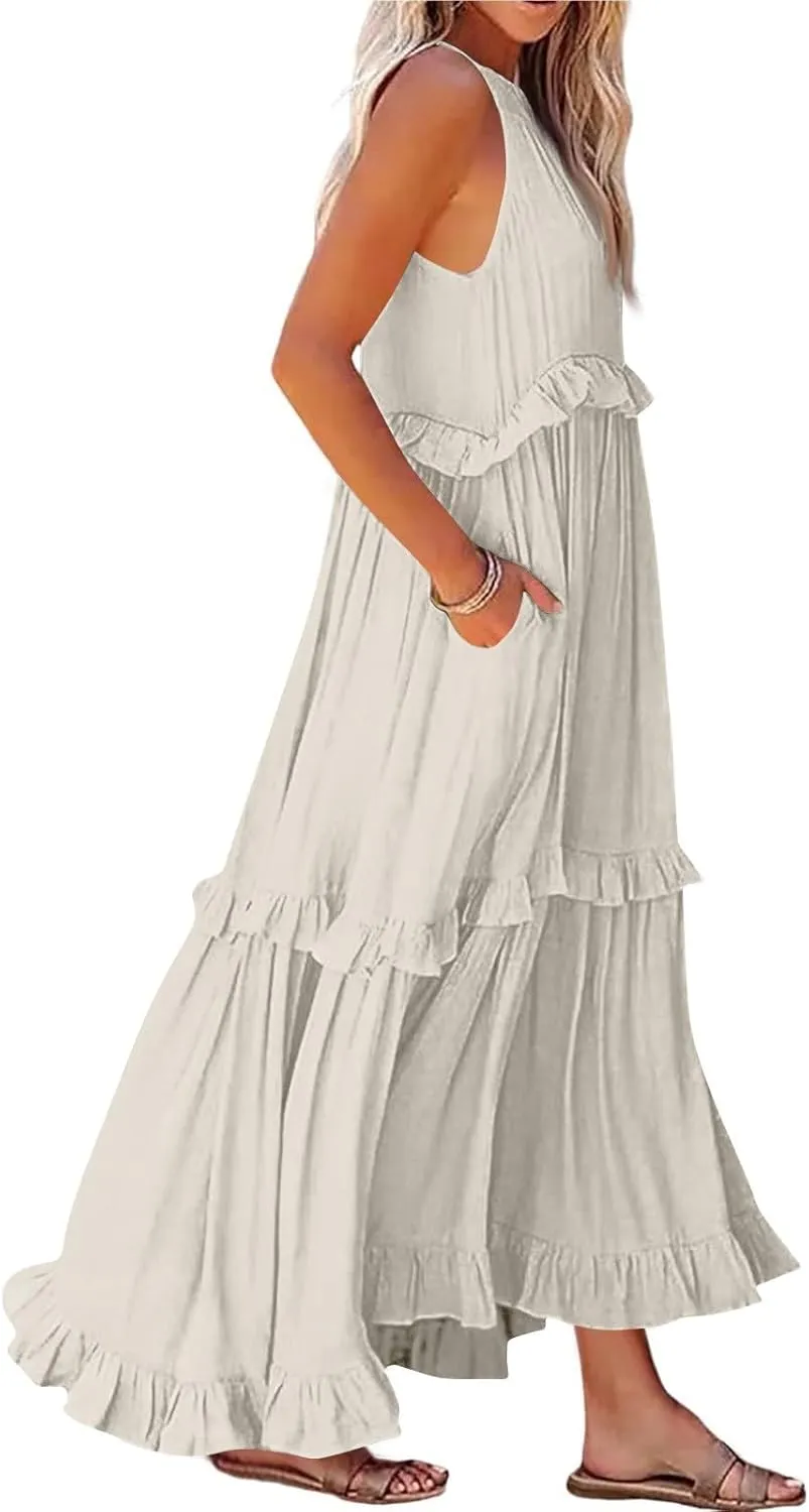 Womens Halter Maxi Dress Sleeveless Sexy Tiered Flowy Summer Loose Smocked Ruffle Swing Beach Dress with Pockets