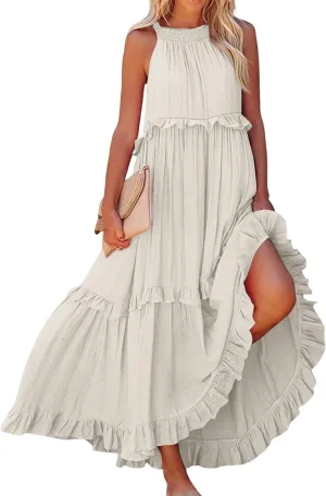 Womens Halter Maxi Dress Sleeveless Sexy Tiered Flowy Summer Loose Smocked Ruffle Swing Beach Dress with Pockets