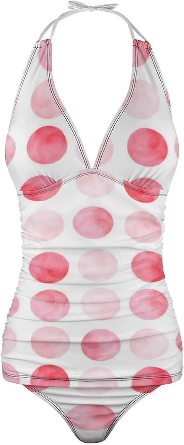 Womens Halter Tankini Pink Polka Dot Kawaii Swimsuits