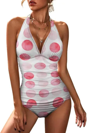 Womens Halter Tankini Pink Polka Dot Kawaii Swimsuits