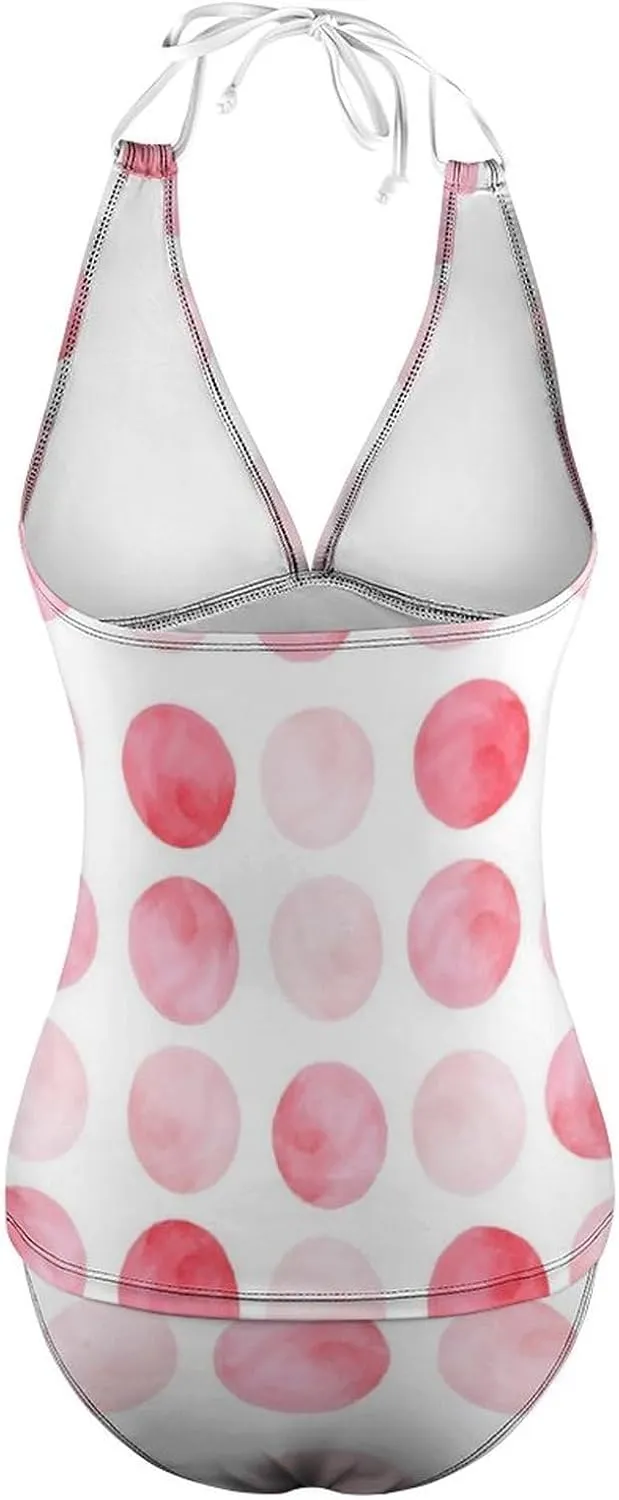 Womens Halter Tankini Pink Polka Dot Kawaii Swimsuits