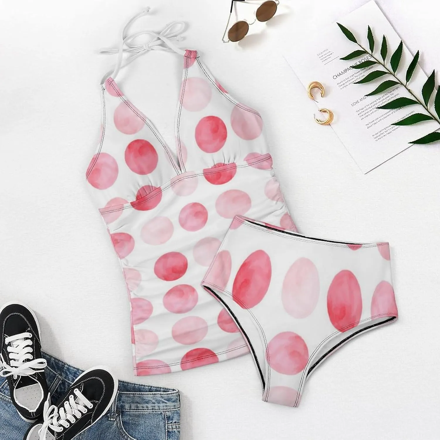 Womens Halter Tankini Pink Polka Dot Kawaii Swimsuits