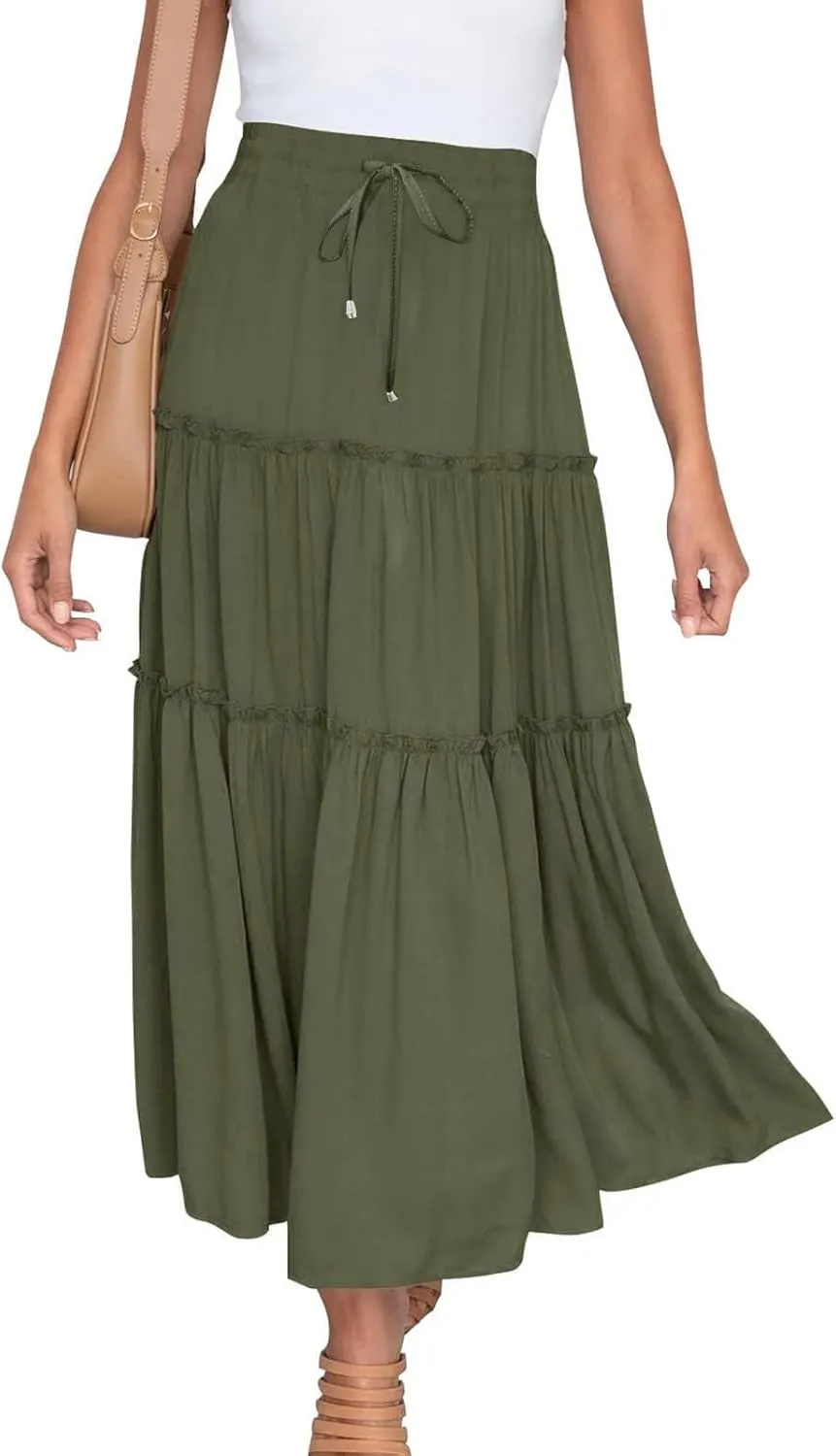 Womens High Waist Pleated Skirt Boho Maxi Flowy Skirts Dressy Casual Summer Aline Elegant Work Long Skirts