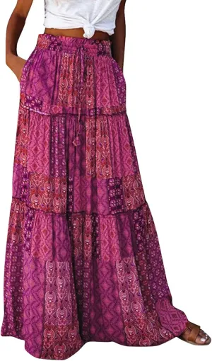 Women's high Wiast tie Boho Print Tiered Pleated Beach A-Line Swing Maxi Skirts 2025, S-2XL