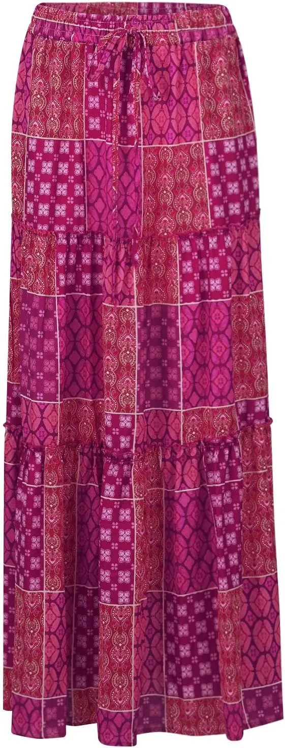 Women's high Wiast tie Boho Print Tiered Pleated Beach A-Line Swing Maxi Skirts 2025, S-2XL