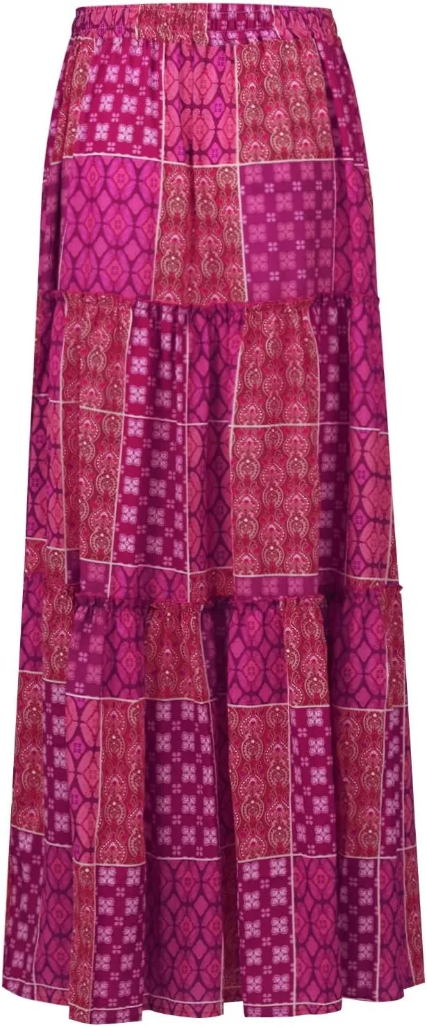 Women's high Wiast tie Boho Print Tiered Pleated Beach A-Line Swing Maxi Skirts 2025, S-2XL