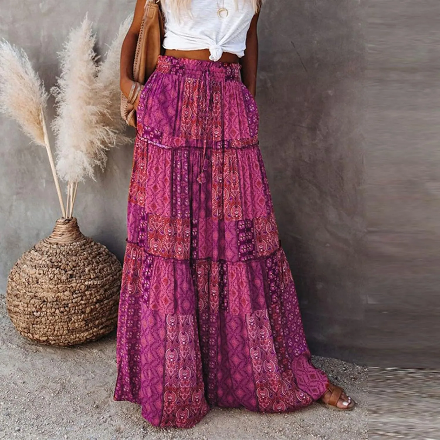 Women's high Wiast tie Boho Print Tiered Pleated Beach A-Line Swing Maxi Skirts 2025, S-2XL