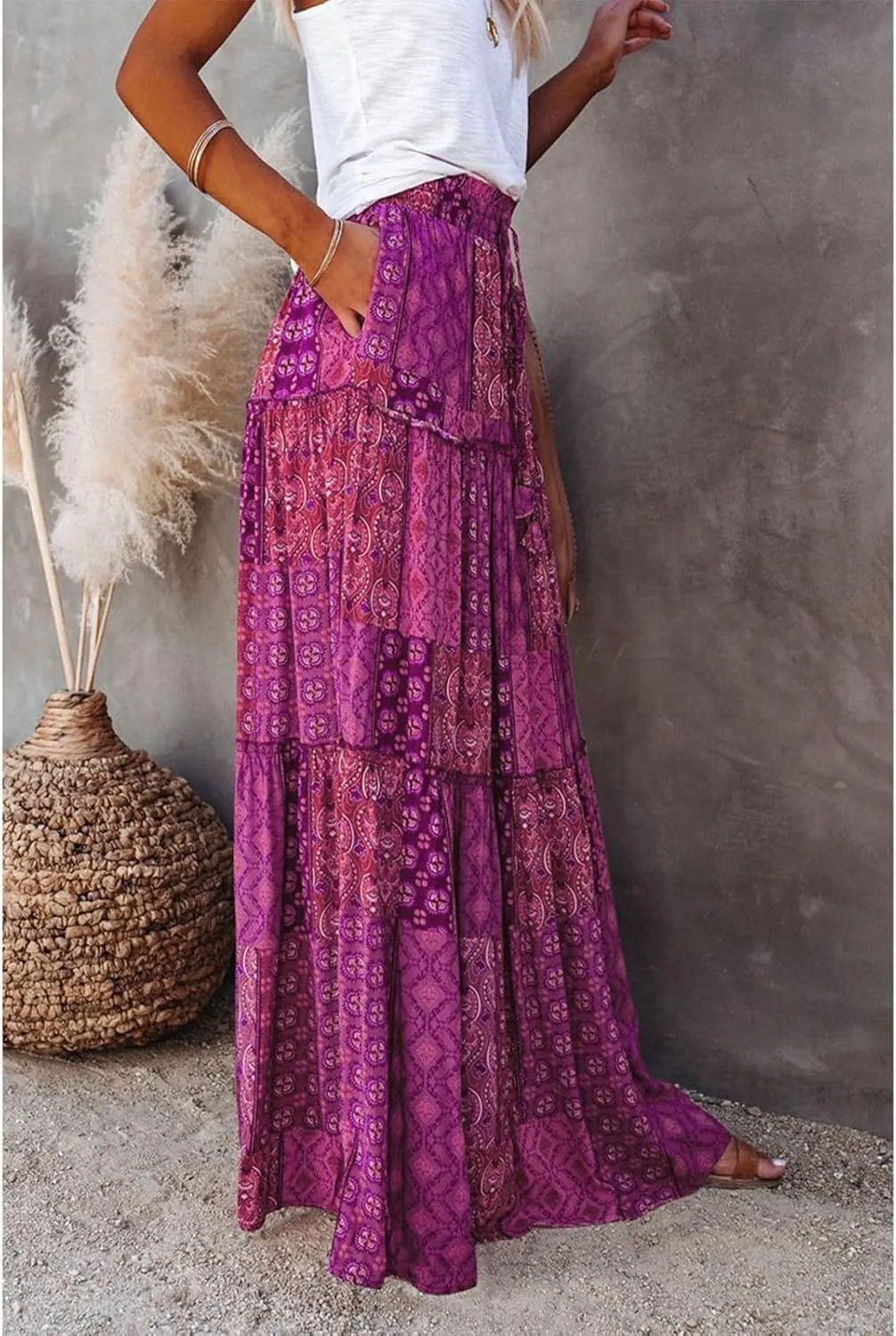 Women's high Wiast tie Boho Print Tiered Pleated Beach A-Line Swing Maxi Skirts 2025, S-2XL