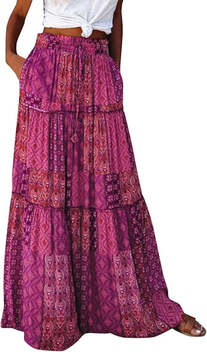 Women's high Wiast tie Boho Print Tiered Pleated Beach A-Line Swing Maxi Skirts 2025, S-2XL