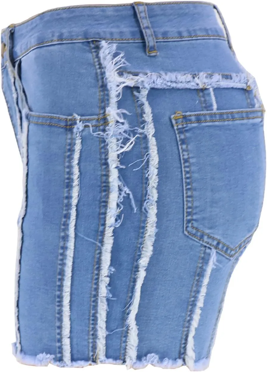 Womens Jeans Shorts Casual Summer High Waisted Distressed Denim Capris Y2k Tassels Ripped Raw Hem Stretch Jean Shorts