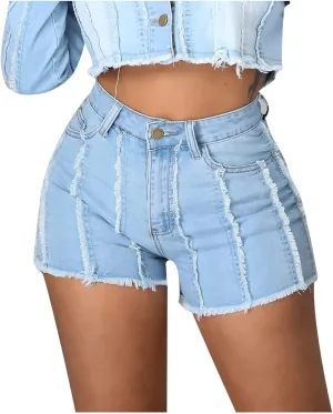 Womens Jeans Shorts Casual Summer High Waisted Distressed Denim Capris Y2k Tassels Ripped Raw Hem Stretch Jean Shorts