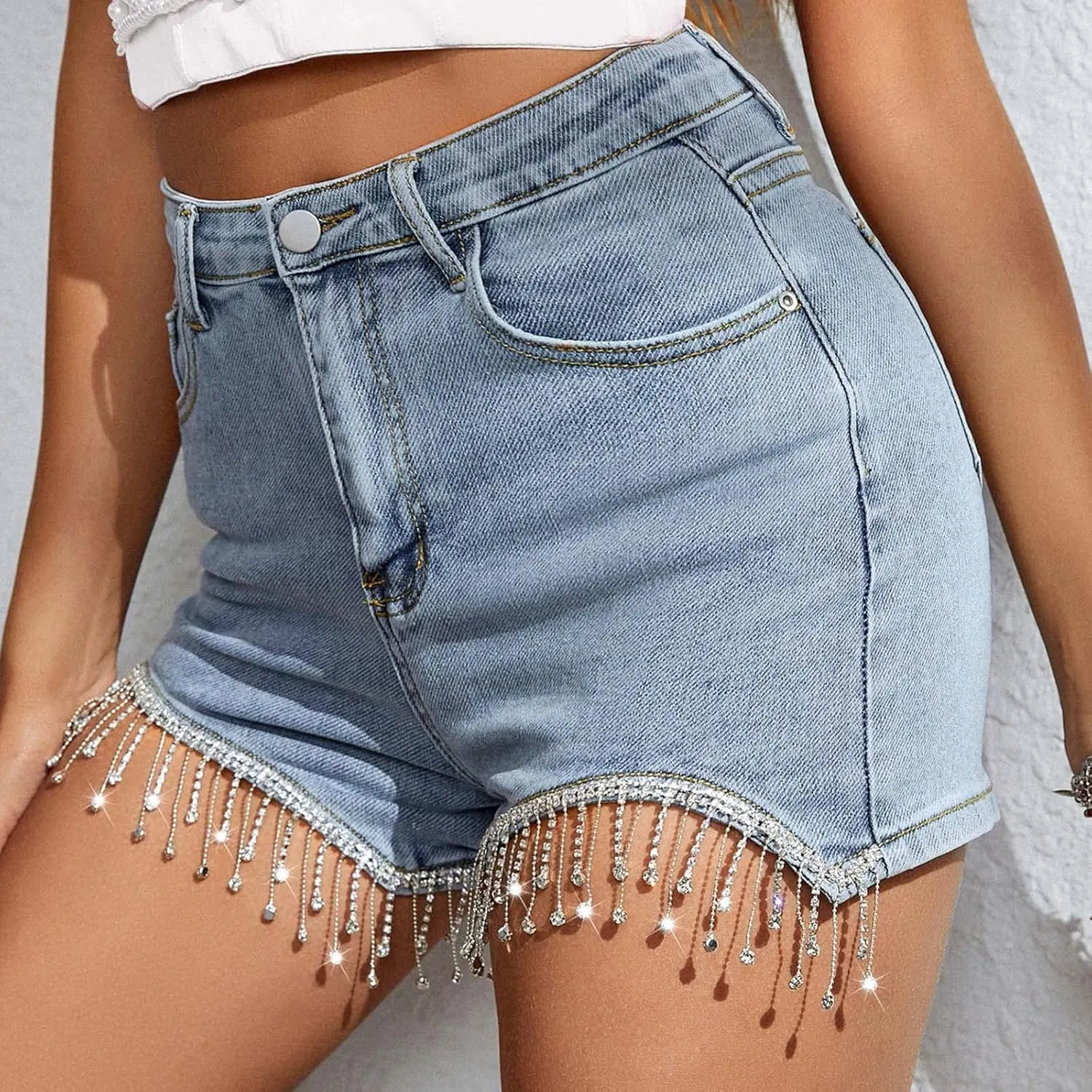 Womens Jeans Shorts Casual Summer High Waisted Distressed Denim Capris Y2k Tassels Ripped Raw Hem Stretch Jean Shorts