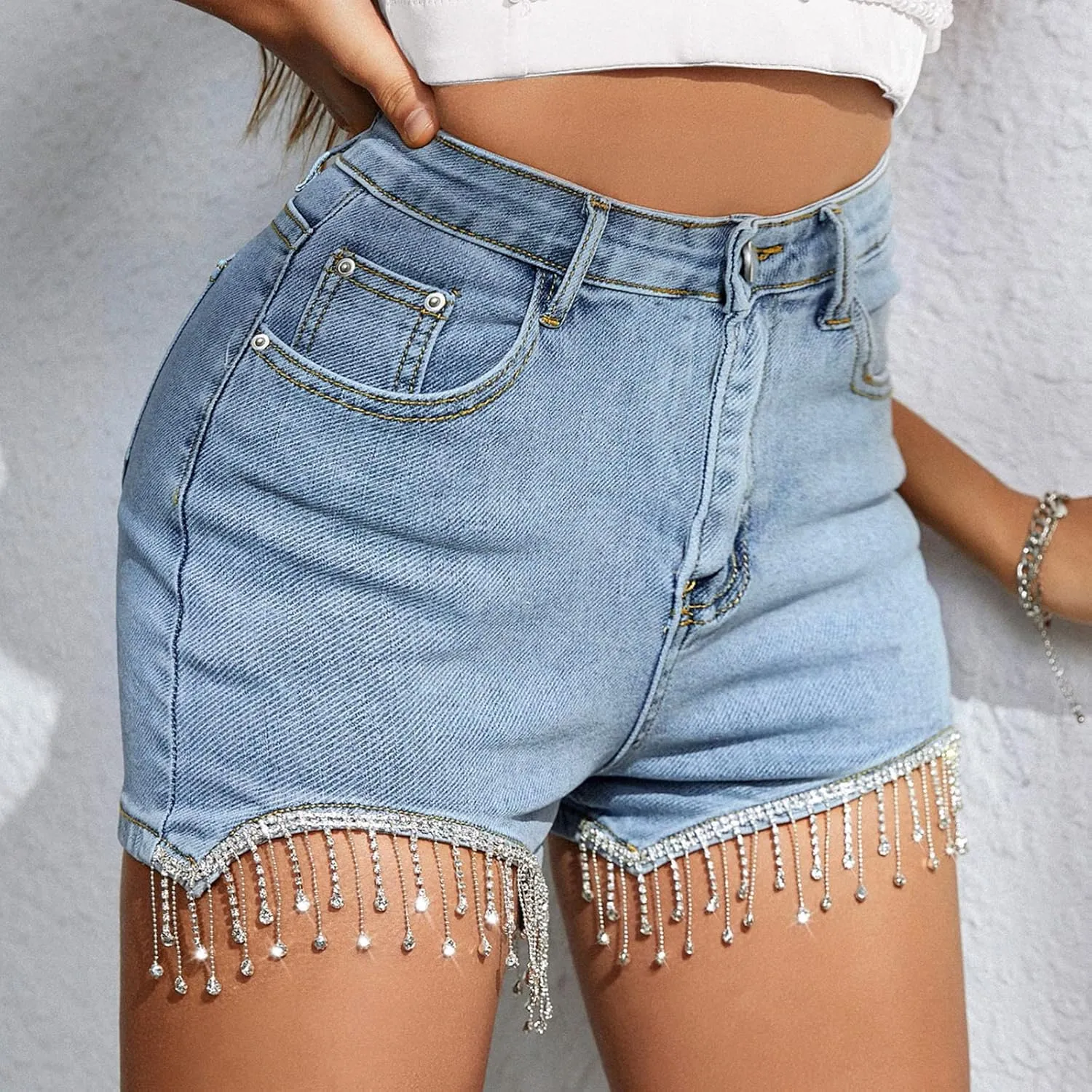 Womens Jeans Shorts Casual Summer High Waisted Distressed Denim Capris Y2k Tassels Ripped Raw Hem Stretch Jean Shorts