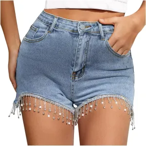 Womens Jeans Shorts Casual Summer High Waisted Distressed Denim Capris Y2k Tassels Ripped Raw Hem Stretch Jean Shorts