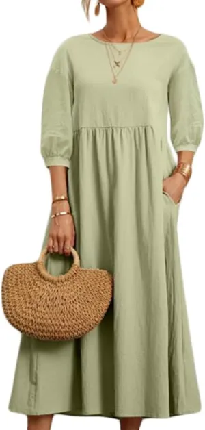 Womens Linen Dresses 3/4 Sleeves Maxi Casual Dress Crew Neck Solid Loose A-line Beach Vacation Dresses with Pockets